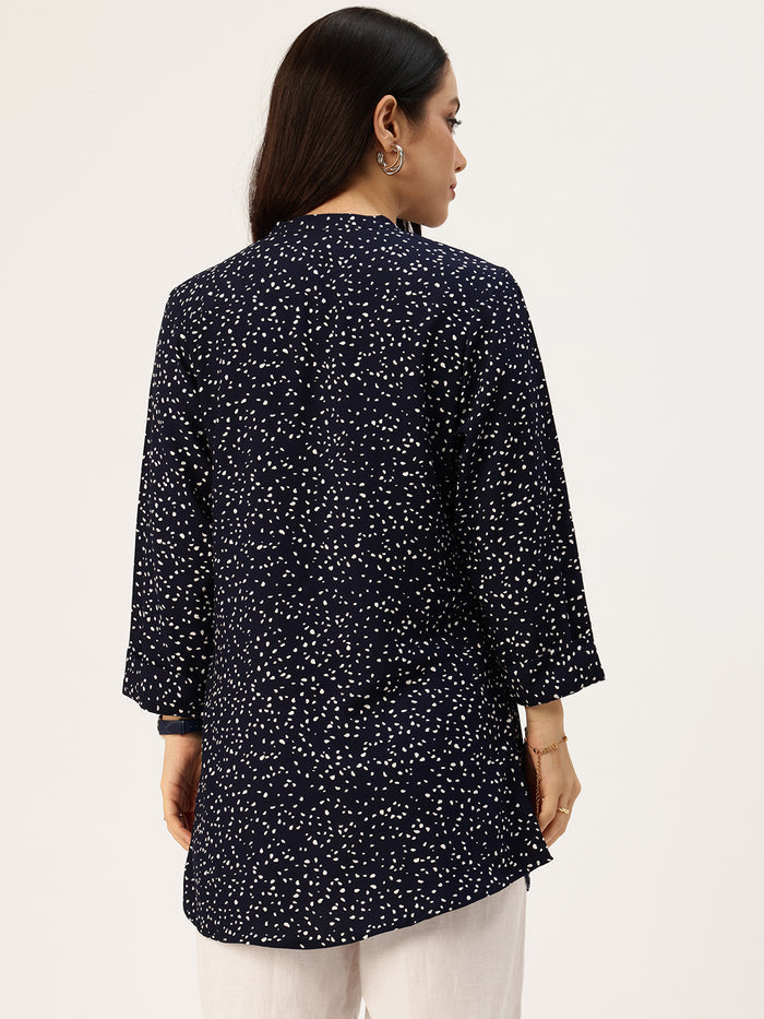 Blue Viscose Rayon Mandarin Collar Printed Tunic, polka dot Printed Tunic, printed tunic, mandarin collar Tunic, casual wear Tunic, women’s tunic, Office Wear Tunic