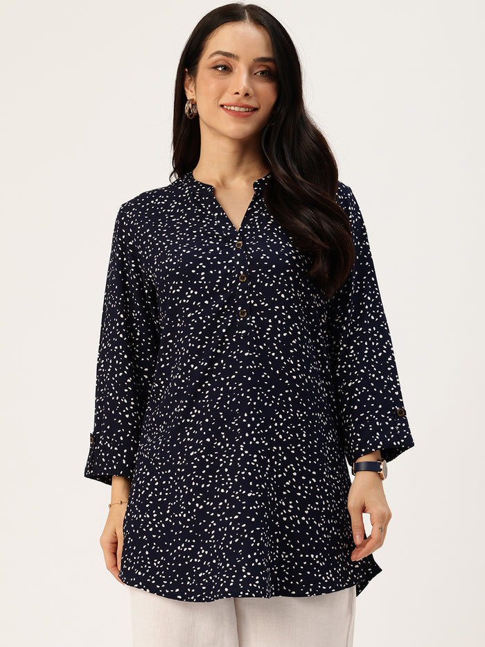 Blue Viscose Rayon Mandarin Collar Printed Tunic, polka dot Printed Tunic, printed tunic, mandarin collar Tunic, casual wear Tunic, women’s tunic, Office Wear Tunic