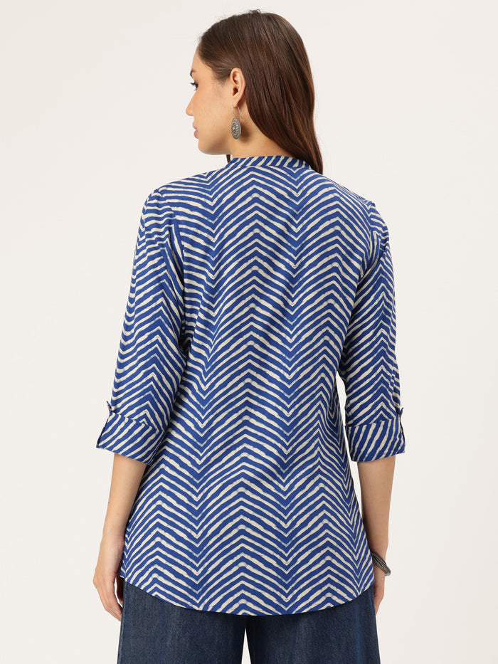 Blue Zig-Zag Print Tunic, Floral Printed Tunic, printed tunic, mandarin collar Tunic, casual wear Tunic, women’s tunic, Office Wear Tunic