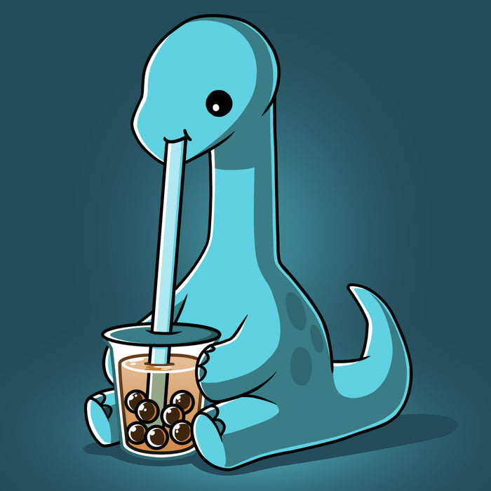 Premium Cotton T-shirt_TeeTurtle denim blue Boba Dinosaur apparel featuring a long neck dinosaur sipping bubble tea through a long straw.