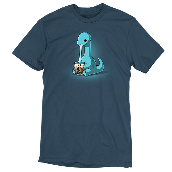 Premium Cotton T-shirt_TeeTurtle denim blue Boba Dinosaur apparel featuring a long neck dinosaur sipping bubble tea through a long straw.