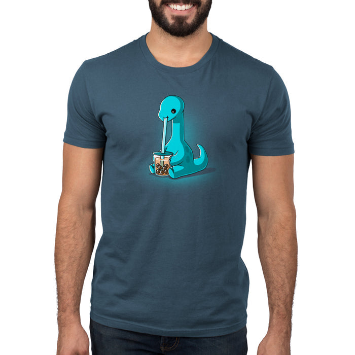 Premium Cotton T-shirt_TeeTurtle denim blue Boba Dinosaur apparel featuring a long neck dinosaur sipping bubble tea through a long straw.