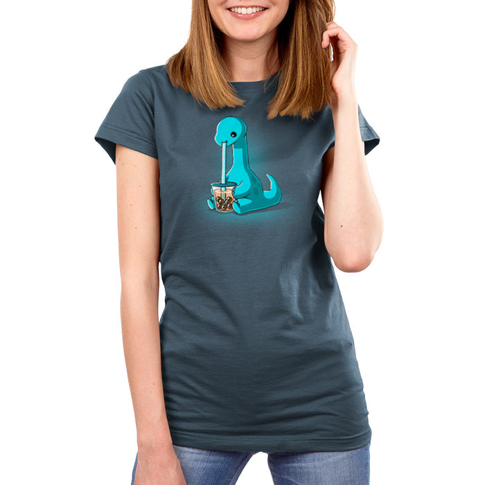 Premium Cotton T-shirt_TeeTurtle denim blue Boba Dinosaur apparel featuring a long neck dinosaur sipping bubble tea through a long straw.