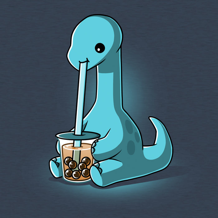 Classic Cotton T-shirt_TeeTurtle heather navy Boba Dinosaur apparel featuring a long neck dinosaur sipping bubble tea through a long straw.
