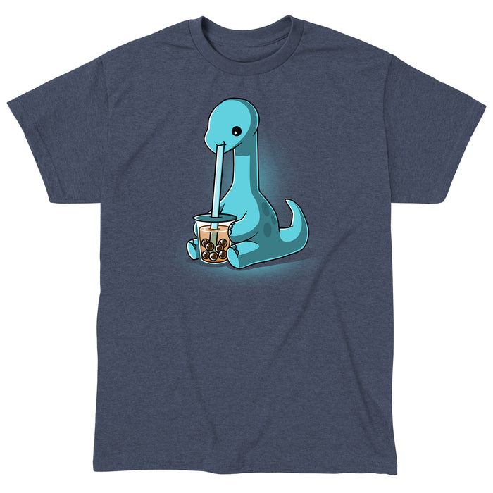 Classic Cotton T-shirt_TeeTurtle heather navy Boba Dinosaur apparel featuring a long neck dinosaur sipping bubble tea through a long straw.