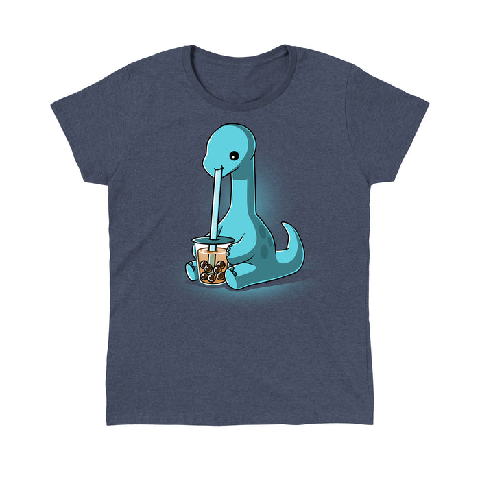 Classic Cotton T-shirt_TeeTurtle heather navy Boba Dinosaur apparel featuring a long neck dinosaur sipping bubble tea through a long straw.