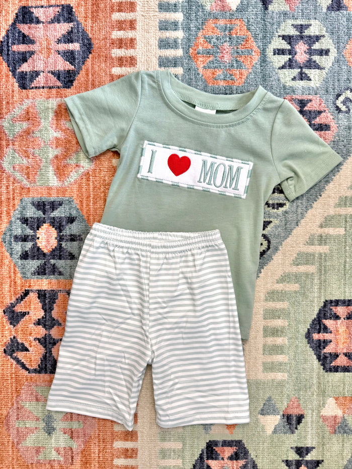 Boy’s “I ❤️ Mom” Set in Sage