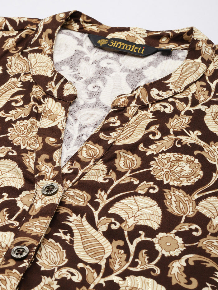 Brown Floral Printed Mandarin Collar Tunic, Floral Printed Tunic, printed tunic, mandarin collar Tunic, casual wear Tunic, women’s tunic, Office Wear Tunic