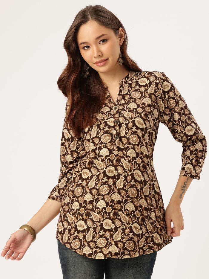 Brown Floral Printed Mandarin Collar Tunic, Floral Printed Tunic, printed tunic, mandarin collar Tunic, casual wear Tunic, women’s tunic, Office Wear Tunic