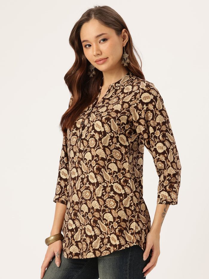 Brown Floral Printed Mandarin Collar Tunic, Floral Printed Tunic, printed tunic, mandarin collar Tunic, casual wear Tunic, women’s tunic, Office Wear Tunic