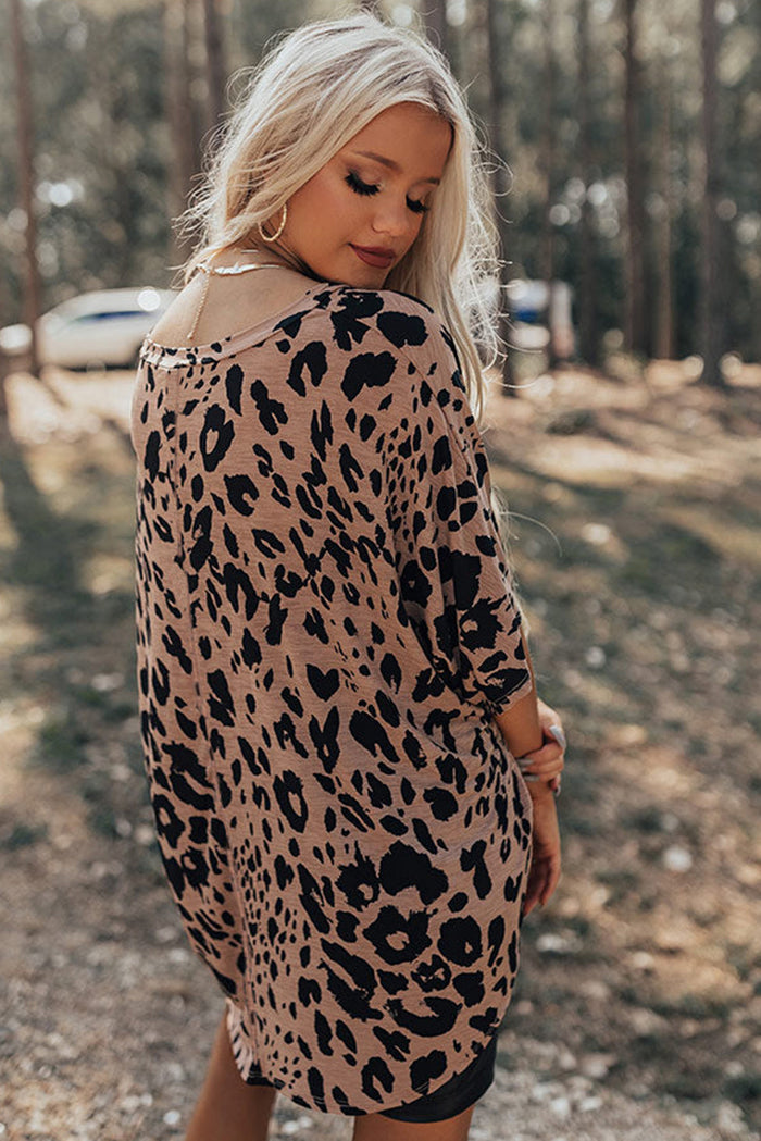 Brown Leopard Print V Neck Half Sleeve Oversized Tee - Tops/Tops & Tees