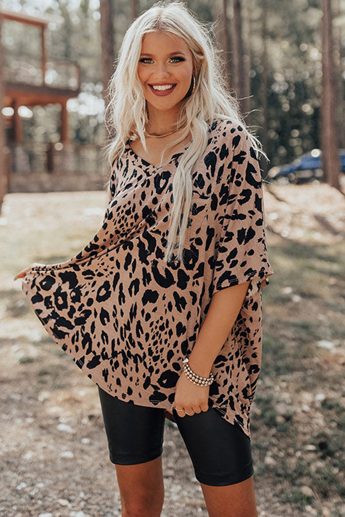 Brown Leopard Print V Neck Half Sleeve Oversized Tee - Tops/Tops & Tees