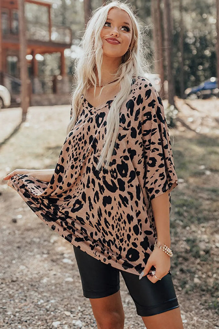 Brown Leopard Print V Neck Half Sleeve Oversized Tee - Tops/Tops & Tees