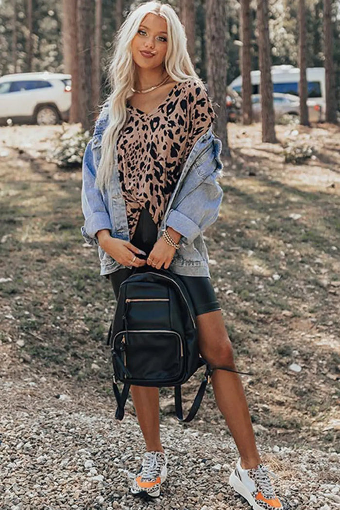 Brown Leopard Print V Neck Half Sleeve Oversized Tee - Tops/Tops & Tees