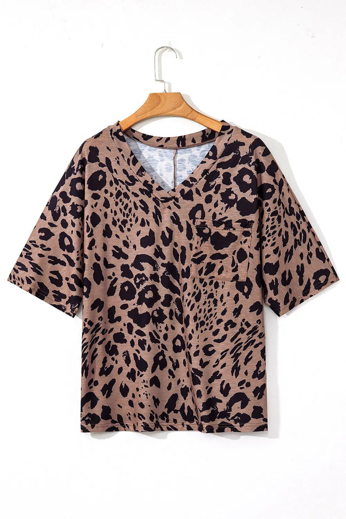 Brown Leopard Print V Neck Half Sleeve Oversized Tee - Tops/Tops & Tees