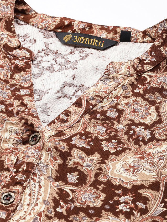 Brown Paisley Printed Mandarin Collar Tunic, Princess Cur Kurta, A-Line Kurta, Floral Print, Mandarin Collar kurta, printed kurta