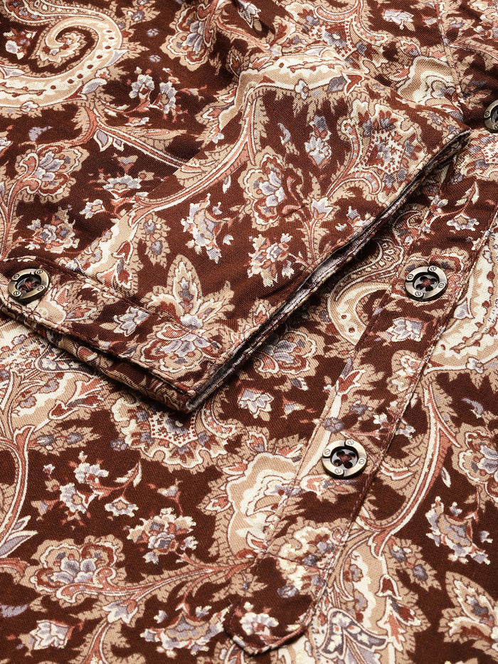 Brown Paisley Printed Mandarin Collar Tunic, Princess Cur Kurta, A-Line Kurta, Floral Print, Mandarin Collar kurta, printed kurta