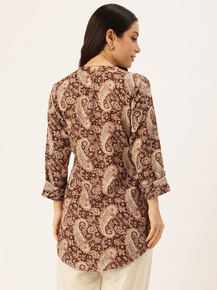 Brown Paisley Printed Mandarin Collar Tunic, Princess Cur Kurta, A-Line Kurta, Floral Print, Mandarin Collar kurta, printed kurta