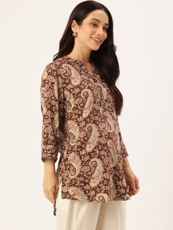 Brown Paisley Printed Mandarin Collar Tunic, Princess Cur Kurta, A-Line Kurta, Floral Print, Mandarin Collar kurta, printed kurta
