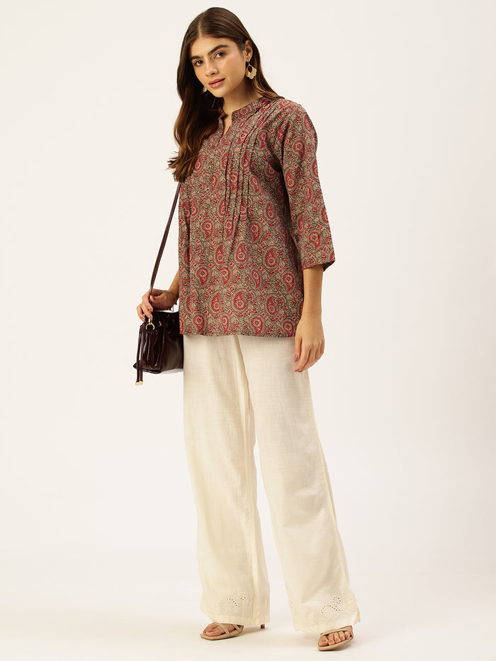 Brown Printed Mandarin Collar Tunic