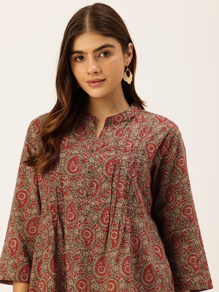 Brown Printed Mandarin Collar Tunic