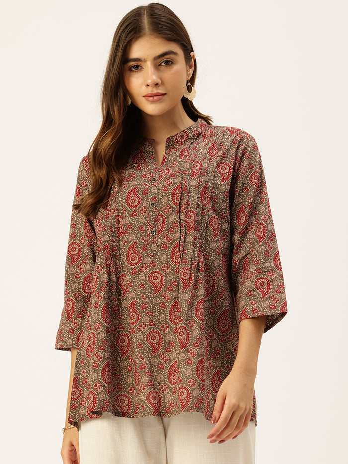 Brown Printed Mandarin Collar Tunic