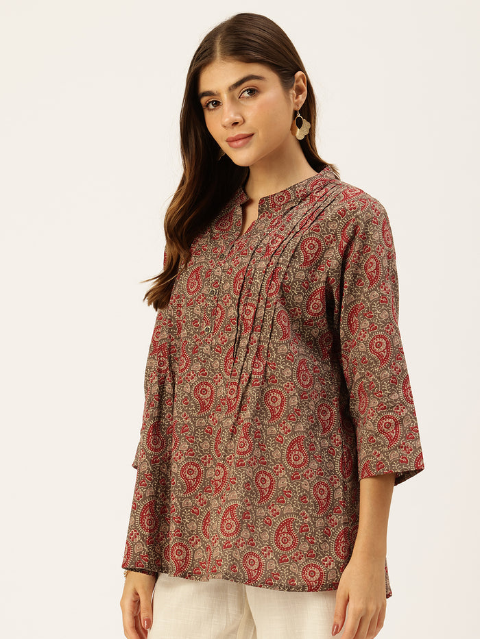 Brown Printed Mandarin Collar Tunic