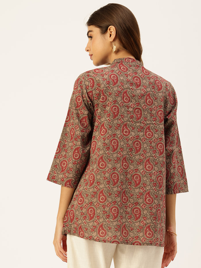 Brown Printed Mandarin Collar Tunic