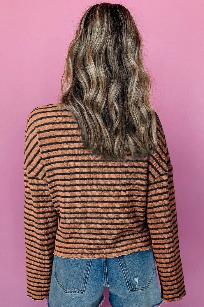 Brown Stripe Textured Frilly Trim Buttons Henley Long Sleeve Top - Tops/Long Tops
