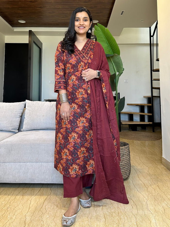 Budget Cotton Floral Suit- Maroon
