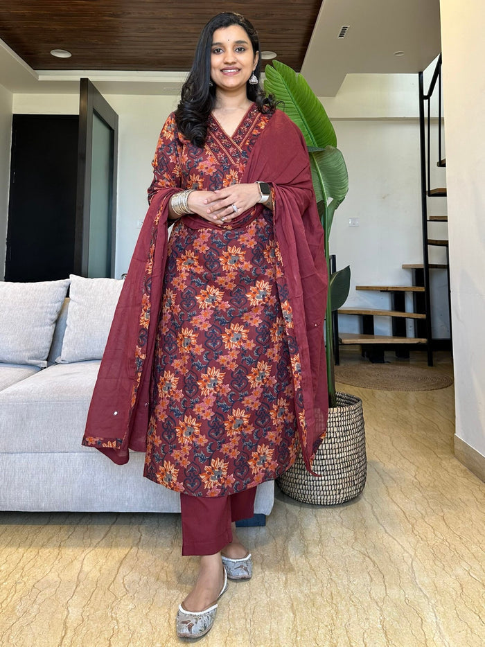 Budget Cotton Floral Suit- Maroon