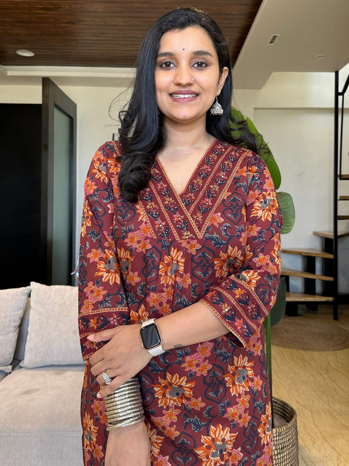 Budget Cotton Floral Suit- Maroon
