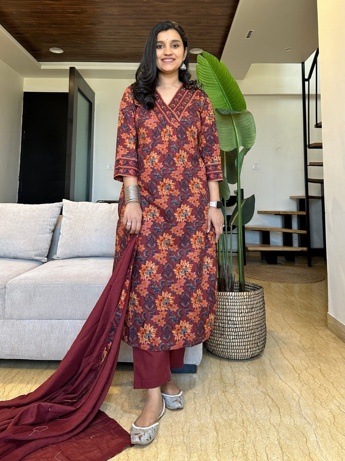 Budget Cotton Floral Suit- Maroon