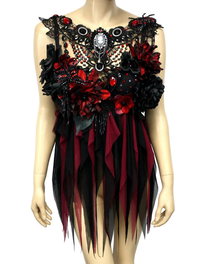 Burgundy Red and Black Widow Goth Spider Fairy Bra Babydoll Dress