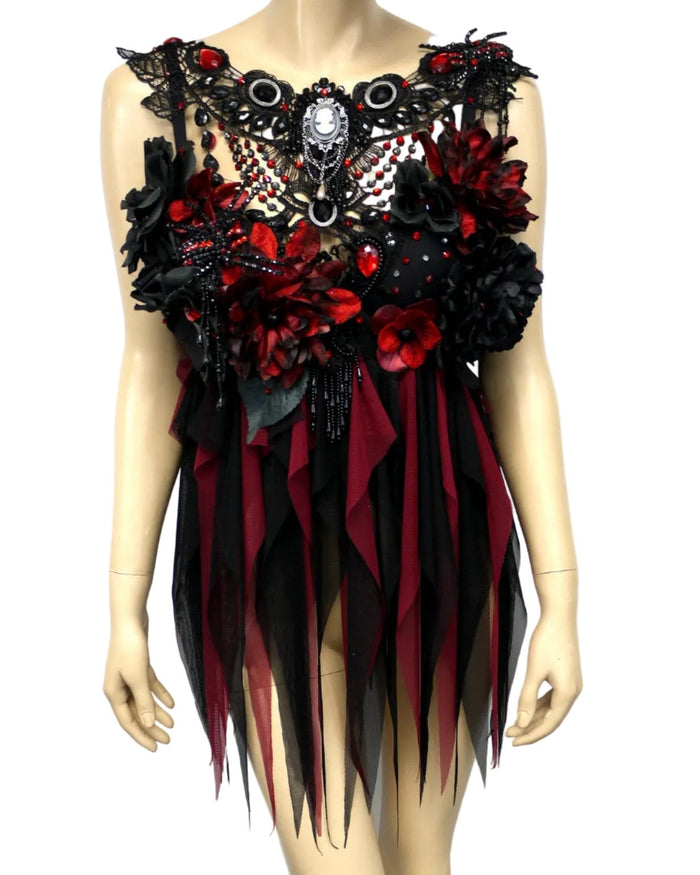 Burgundy Red and Black Widow Goth Spider Fairy Bra Babydoll Dress