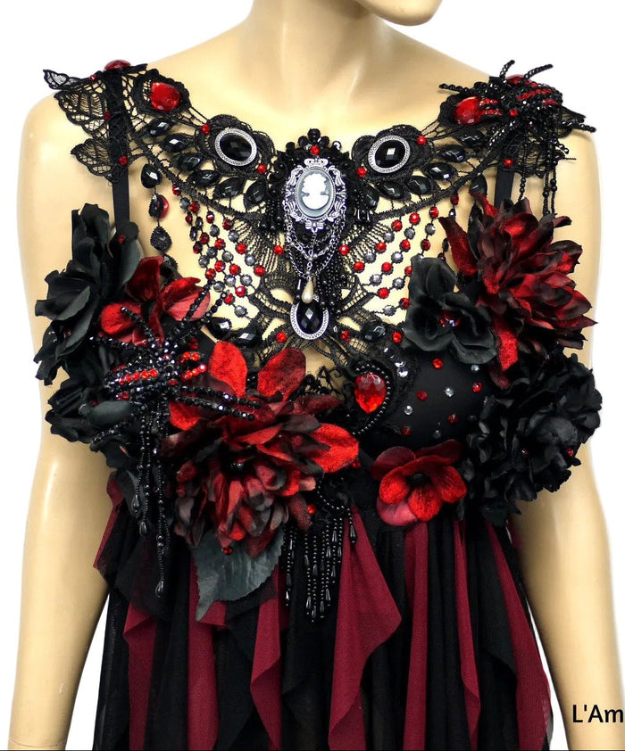 Burgundy Red and Black Widow Goth Spider Fairy Bra Babydoll Dress