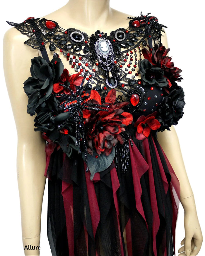 Burgundy Red and Black Widow Goth Spider Fairy Bra Babydoll Dress