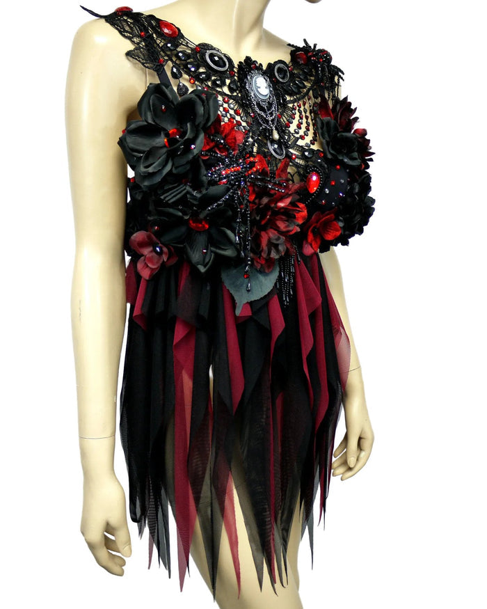 Burgundy Red and Black Widow Goth Spider Fairy Bra Babydoll Dress