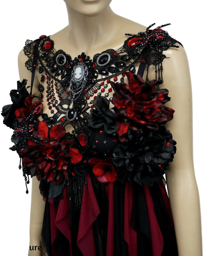 Burgundy Red and Black Widow Goth Spider Fairy Bra Babydoll Dress