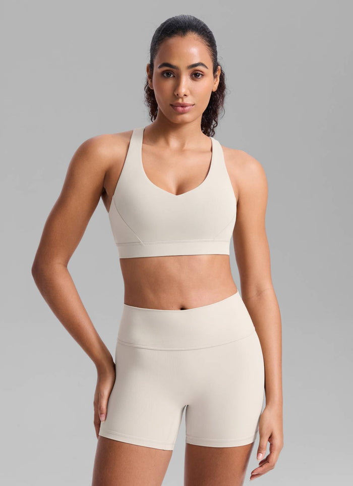 CRZ YOGA Womens Butterbreeze Padded V Neck Sports Bra Training Mojave Tan