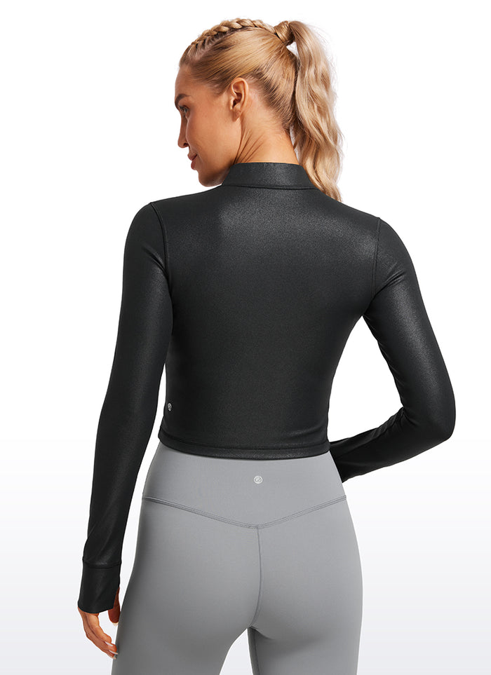 CRZ YOGA Women's Butterluxe Cropped Outerwear Full Zip Jackets Black Classic Leather