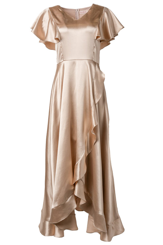 The Callie Dress in Champagne Satin by Ivy City Co features flutter sleeves, a fitted bodice, and an asymmetrical ruffled skirt. With its soft sheen and elegant style, it's ideal for bridesmaids or any formal event.