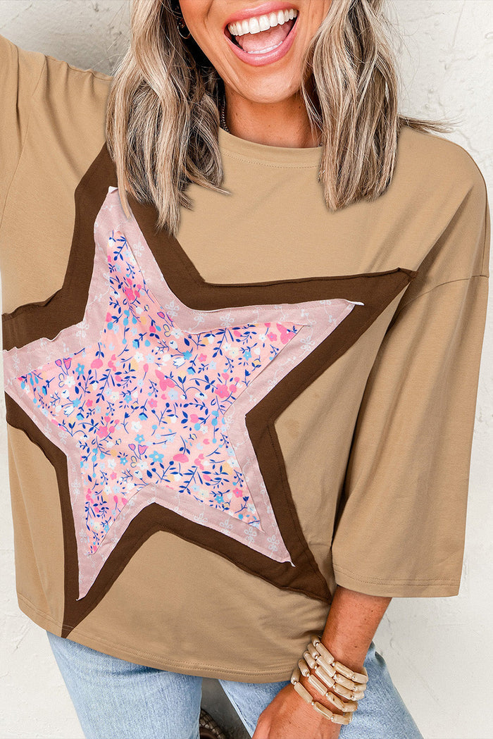 Camel Floral Star Patchwork 3/4 Long Sleeve Top - CAMEL / S / 95% COTTON + 5% ELASTANE - Tops/Long Tops