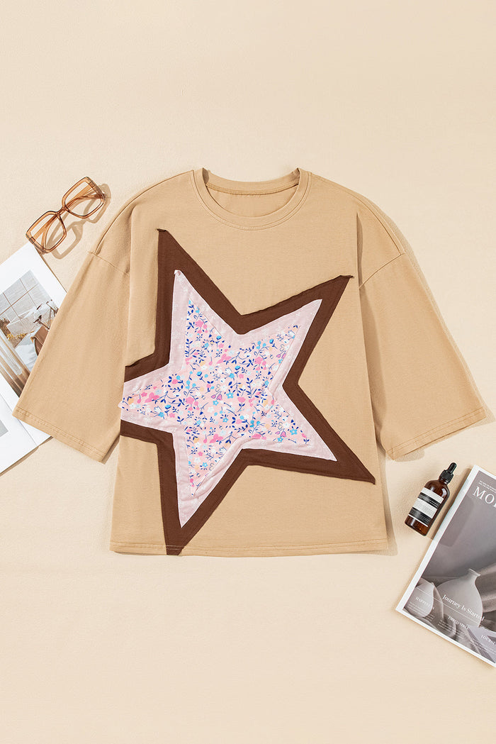 Camel Floral Star Patchwork 3/4 Long Sleeve Top - Tops/Long Tops