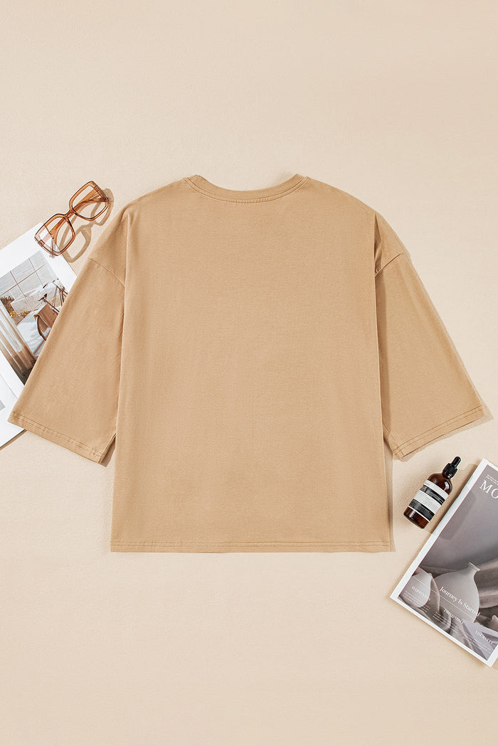 Camel Floral Star Patchwork 3/4 Long Sleeve Top - Tops/Long Tops