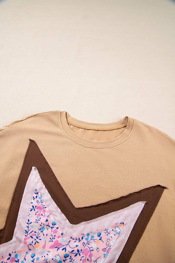 Camel Floral Star Patchwork 3/4 Long Sleeve Top - Tops/Long Tops