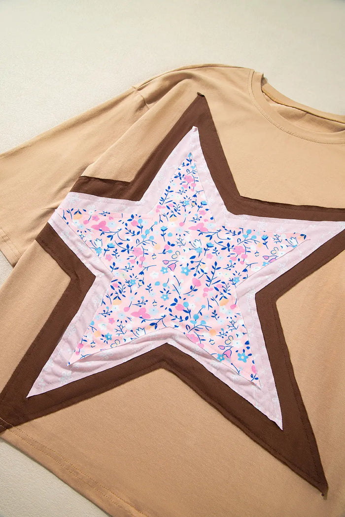 Camel Floral Star Patchwork 3/4 Long Sleeve Top - Tops/Long Tops