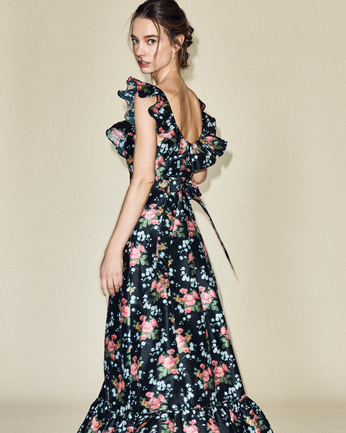 Camille Dress in Black Floral Brocade
