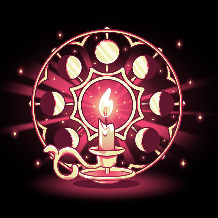 Premium Cotton T-shirt_TeeTurtle Candlelit Orbit black t-shirt featuring a lit candle on a holder in front of a circular arrangement depicting the lunar cycle, with glowing stars in the background.