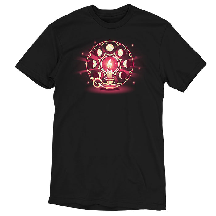 Premium Cotton T-shirt_TeeTurtle Candlelit Orbit black t-shirt featuring a lit candle on a holder in front of a circular arrangement depicting the lunar cycle, with glowing stars in the background.
